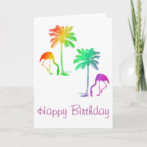 Happy Birthday Flamingos Palm Trees Rainbow Card