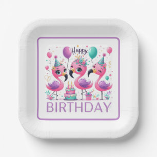 Happy Birthday Flamingos Paper Plates