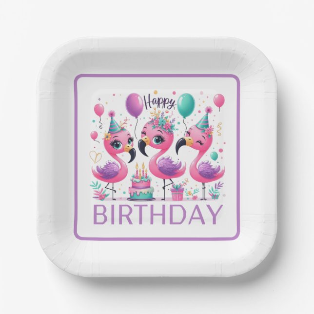 Happy Birthday Flamingos Paper Plates (Front)