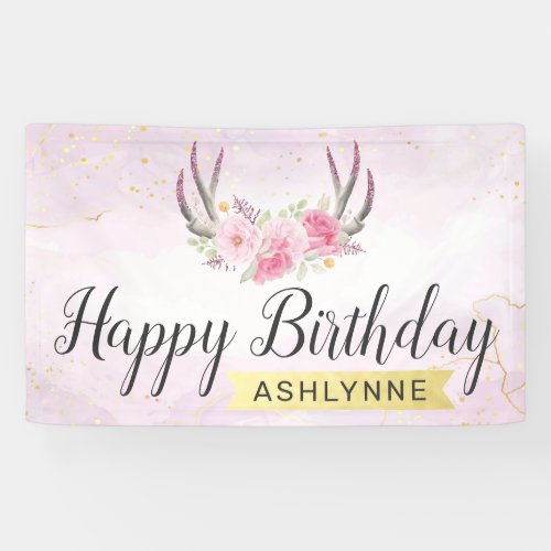 Happy Birthday Floral Antlers Blush Pink  Gold Banner