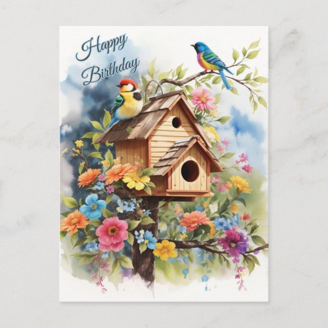Happy Birthday Floral Birdhouse and Birds Postcard (Front)