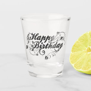 Happy Birthday Floral Black Shot Glass