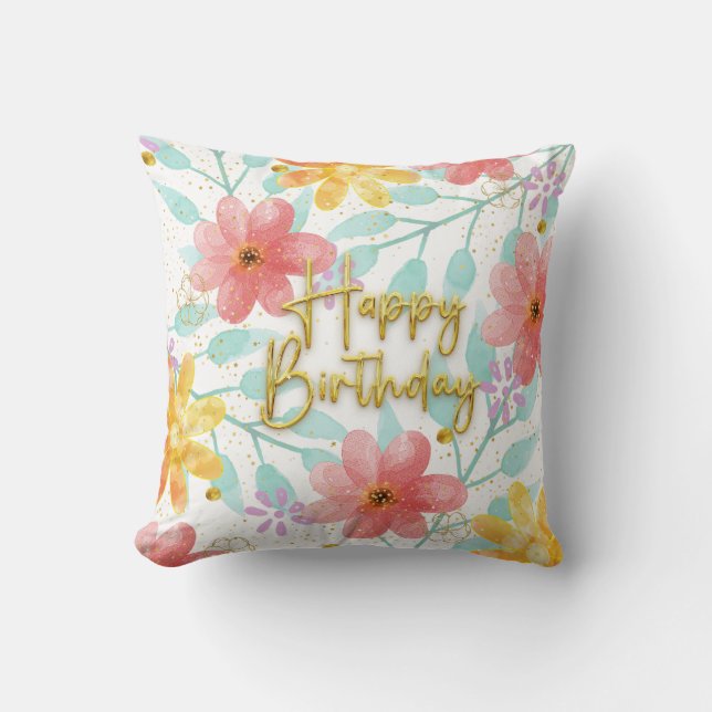 Happy Birthday floral botanical Elegant Template Throw Pillow (Front)
