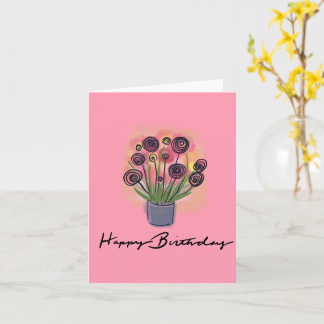 Happy Birthday Floral Bouquet Pink Blank Inside Card (Yellow Flower)