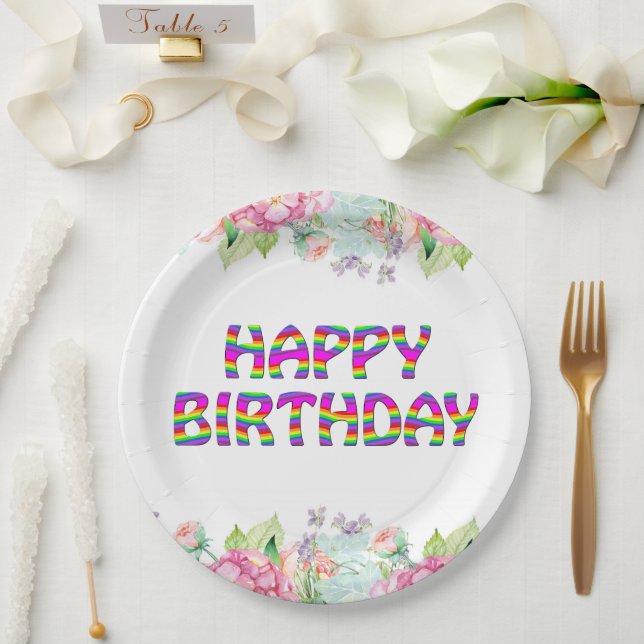 Happy Birthday floral design Paper Plates (Wedding)