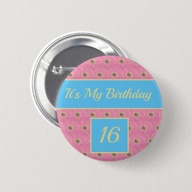 Happy Birthday Floral gold/ Pink/ Blue design  Button (Front & Back)