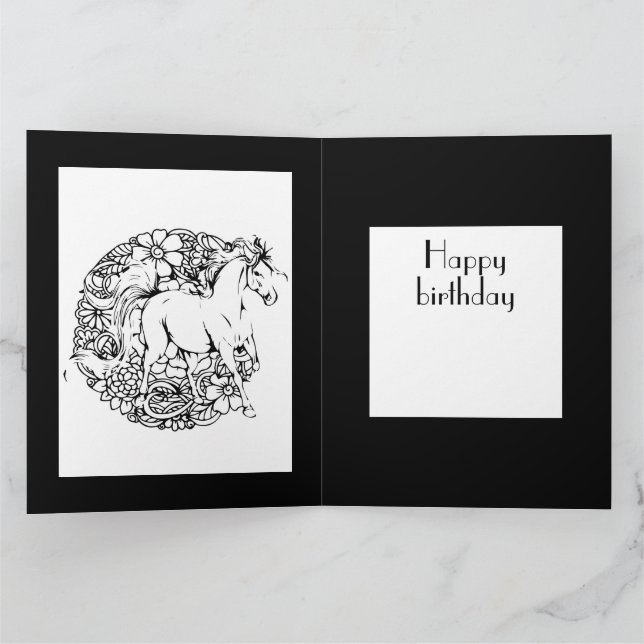 Happy Birthday Floral Horse Adult Coloring Card (Inside)