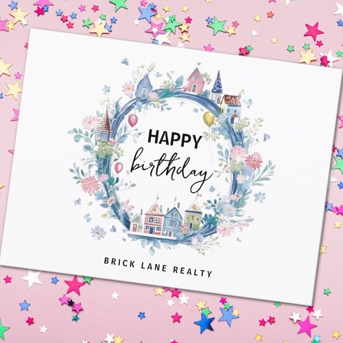 Happy Birthday Floral House Wreath Real Estate   Postcard