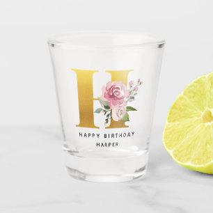 Happy Birthday Floral Monogram H Personalized Name Shot Glass
