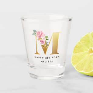 Happy Birthday Floral Monogram Personalized Shot Glass