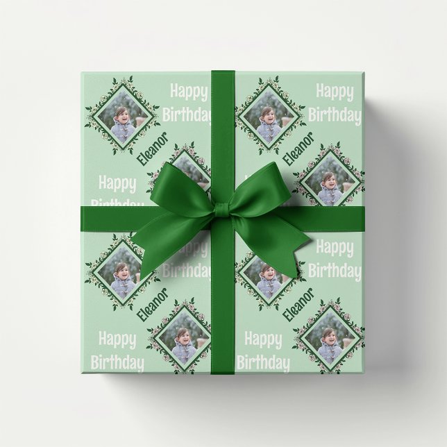 Happy Birthday Floral Photo Frame Wrapping Paper (Creator Uploaded)