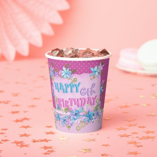 Happy Birthday Floral Pink Purple Polka Dots Paper Cups