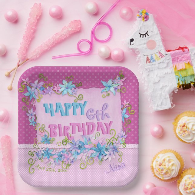 Happy Birthday Floral Pink Purple Polka Dots Paper Plates (Party)