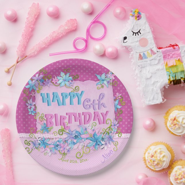 Happy Birthday Floral Pink Purple Polka Dots Paper Plates (Party)