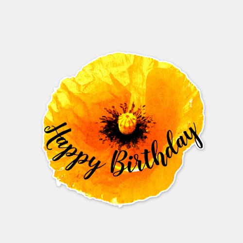Happy Birthday Floral Poppy Flower Golden Yellow Sticker