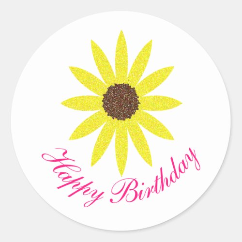 Happy Birthday Floral Sunflower Flower Pink Yellow Classic Round Sticker