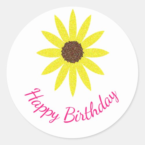 Happy Birthday Floral Sunflower Flower Yellow Pink Classic Round Sticker