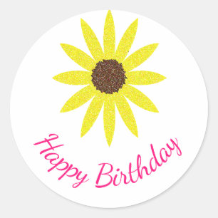 Happy Birthday Floral Sunflower Flower Yellow Pink Classic Round Sticker