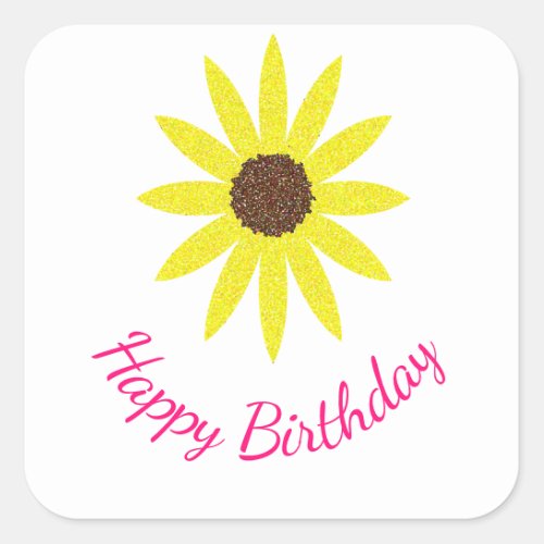 Happy Birthday Floral Sunflower Flower Yellow Pink Square Sticker
