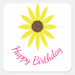 Happy Birthday Floral Sunflower Flower Yellow Pink Square Sticker
