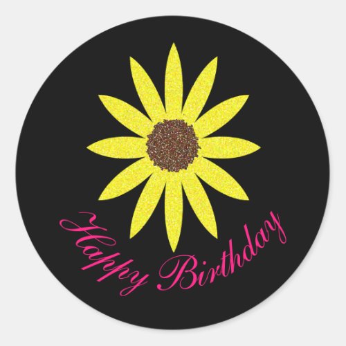 Happy Birthday Floral Sunflower Pink Yellow Black Classic Round Sticker