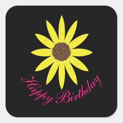 Happy Birthday Floral Sunflower Pink Yellow Black Square Sticker
