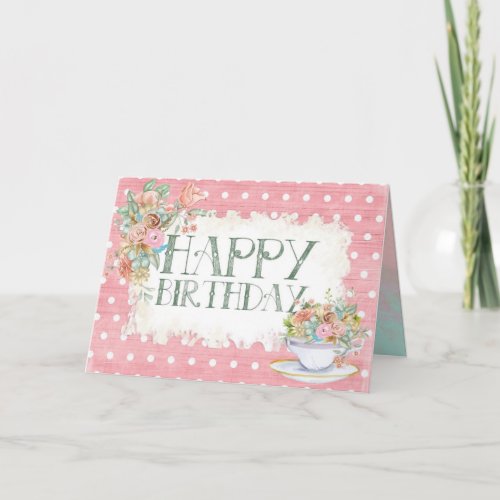 Happy Birthday Floral Tea Watercolor Vintage Card