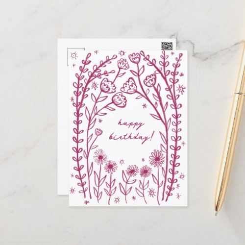 Happy Birthday Floral Whimsical Sketch Doodle  Postcard