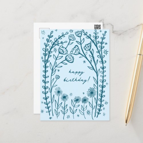 Happy Birthday Floral Whimsical Sketch Doodle  Postcard