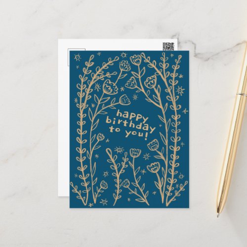 HAPPY BIRTHDAY Floral Whimsical Sketch Doodle  Postcard