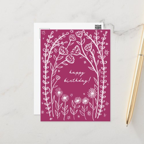 Happy Birthday Floral Whimsical Sketch Doodle  Postcard