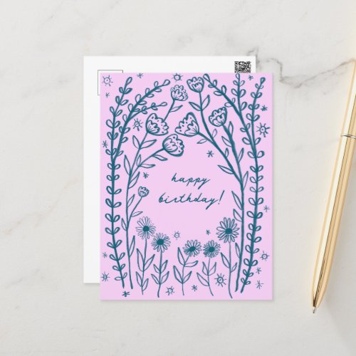 Happy Birthday Floral Whimsical Sketch Doodle  Postcard