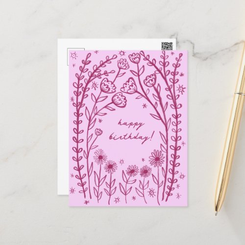 Happy Birthday Floral Whimsical Sketch Doodle  Postcard