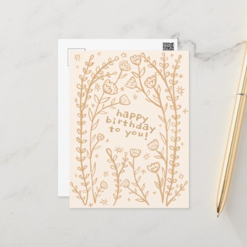 HAPPY BIRTHDAY Floral Whimsical Sketch Doodle  Postcard