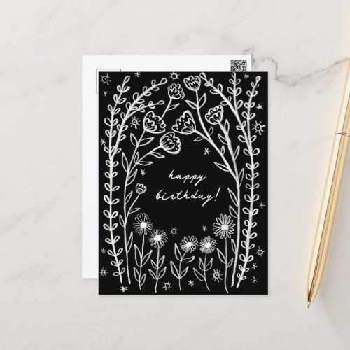 Happy Birthday Floral Whimsical Sketch Doodle  Postcard