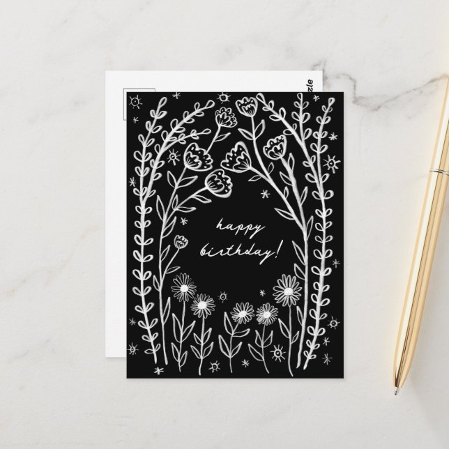 Happy Birthday Floral Whimsical Sketch Doodle  Postcard (Front/Back In Situ)