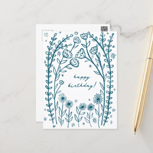 Happy Birthday Floral Whimsical Sketch Doodle  Postcard