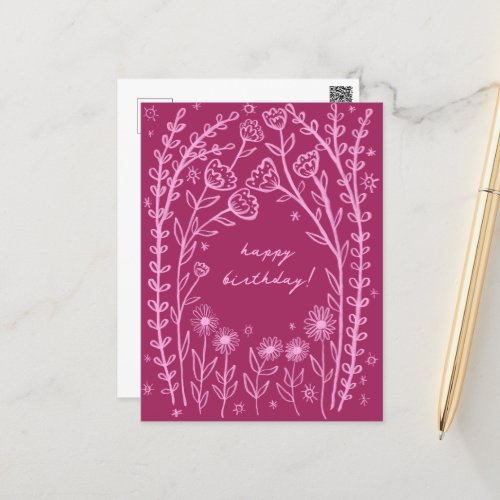 Happy Birthday Floral Whimsical Sketch Doodle  Postcard