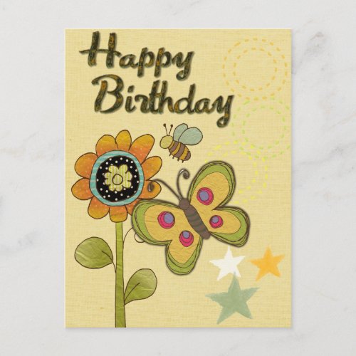 Happy Birthday Flower Butterfly Bee Nature Postcard