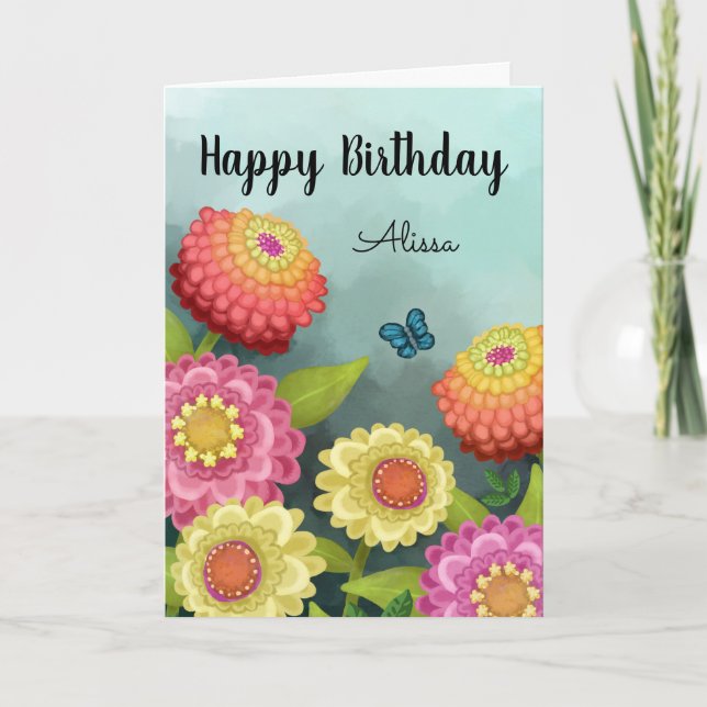 Happy Birthday Flower Garden and Butterfly Card (Front)