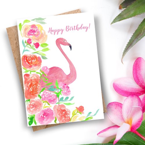 Happy Birthday Flowers And Flamingo Card