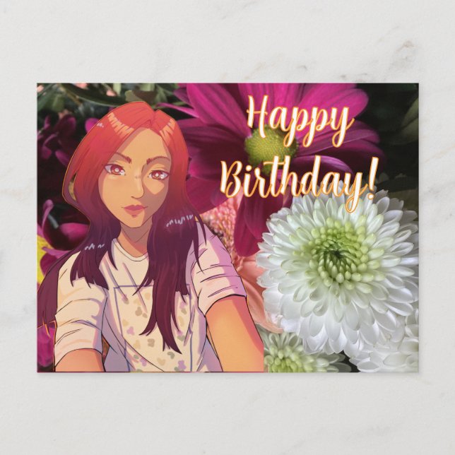 Happy birthday flowers. anime postcard (Front)