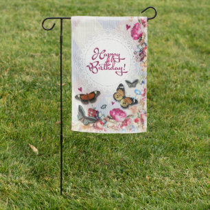 Happy Birthday Flowers & Butterflies Garden Flag