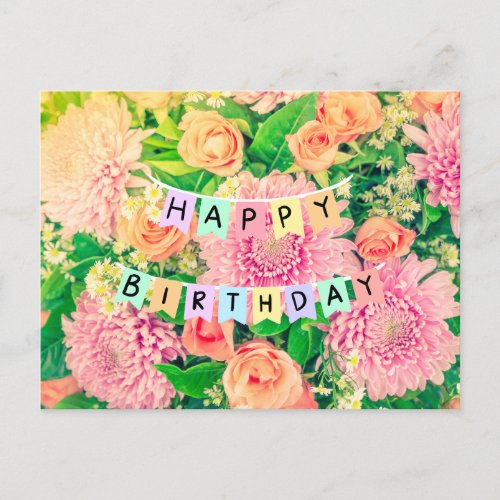 Happy Birthday Flowers _ Pink Mums and Roses  Postcard