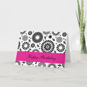 Happy Birthday Folk Floral Black White Flowers Card