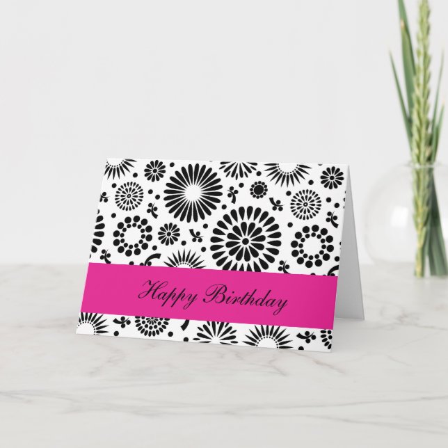 Happy Birthday Folk Floral Black White Flowers Card (Front)