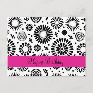 Happy Birthday Folk Floral Black White Flowers Postcard