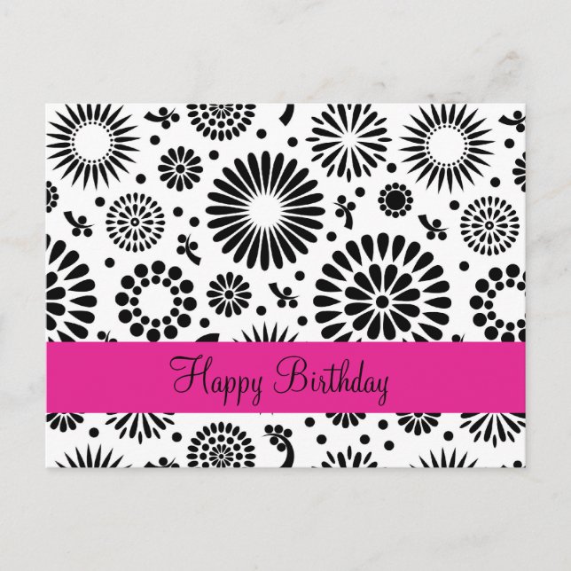 Happy Birthday Folk Floral Black White Flowers Postcard (Front)