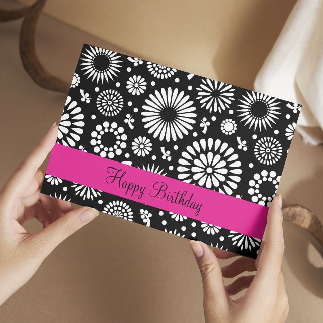 Happy Birthday Folk Floral Black White Sunflower Postcard (Creator Uploaded)