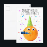 Happy Birthday For Anyone Funny Orange   Holiday Postcard<br><div class="desc">Surrounded with colorful confetti,  this hilarious orange with googly eyes,  a party hat and party blower is a fun and silly way to wish anyone a Happy Birthday.</div>